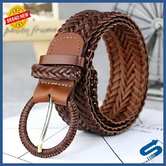Women\'s Wide Braided Leather Belt 1.6 Inch Hand-Woven Waistband with Buckle main image 6